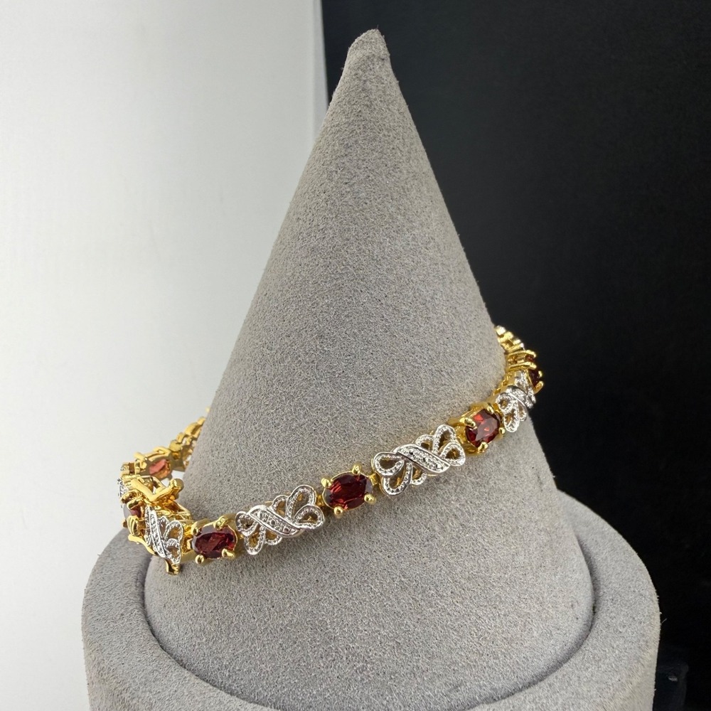 Vintage HAN Sterling Silver Bracelet Rhinestone Red Signed 7.5"